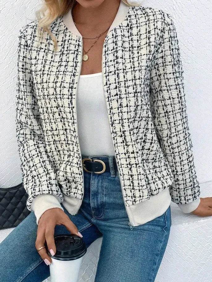 Autumn Winter Casual Long Sleeve plaid Houndstooth zipper outwear jacket women - EX-STOCK Canada
