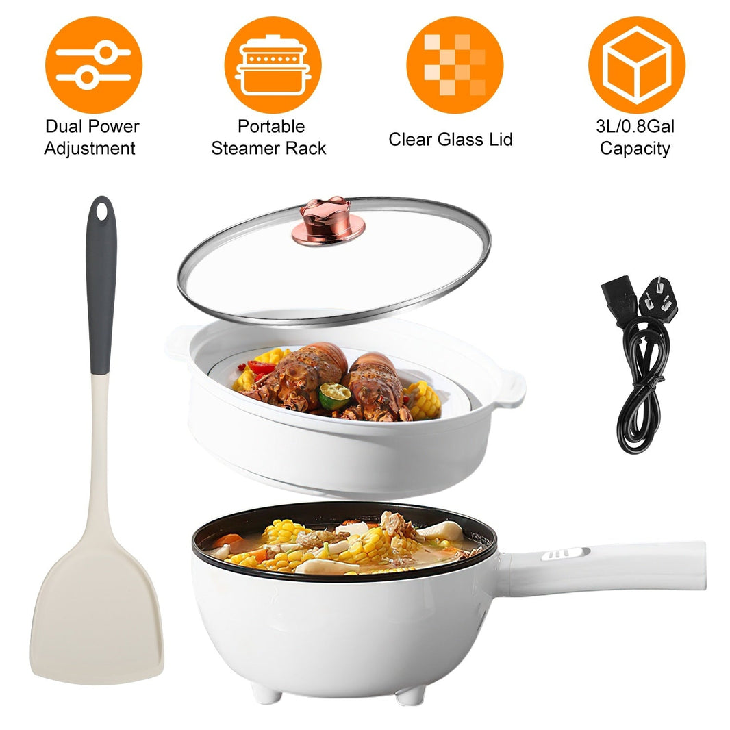 Electric Hot Pot Non-Stick Frying Pan Portable Rapid Noodles Cooker With Long Handle Steamer Spatula Dual Power Control Overheat Dry-Boil Protection For College Dorm Room Essential EX-STOCK