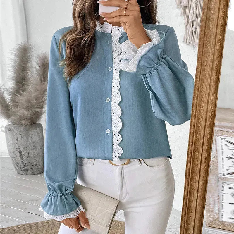 Elegant Single-breasted button Blue Shirt For Women - EX-STOCK CANADA