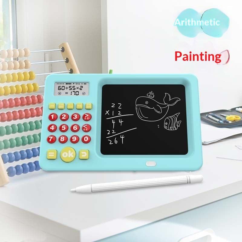 Educational toy with digital display and drawing pad on a desk, featuring arithmetic and painting activities.