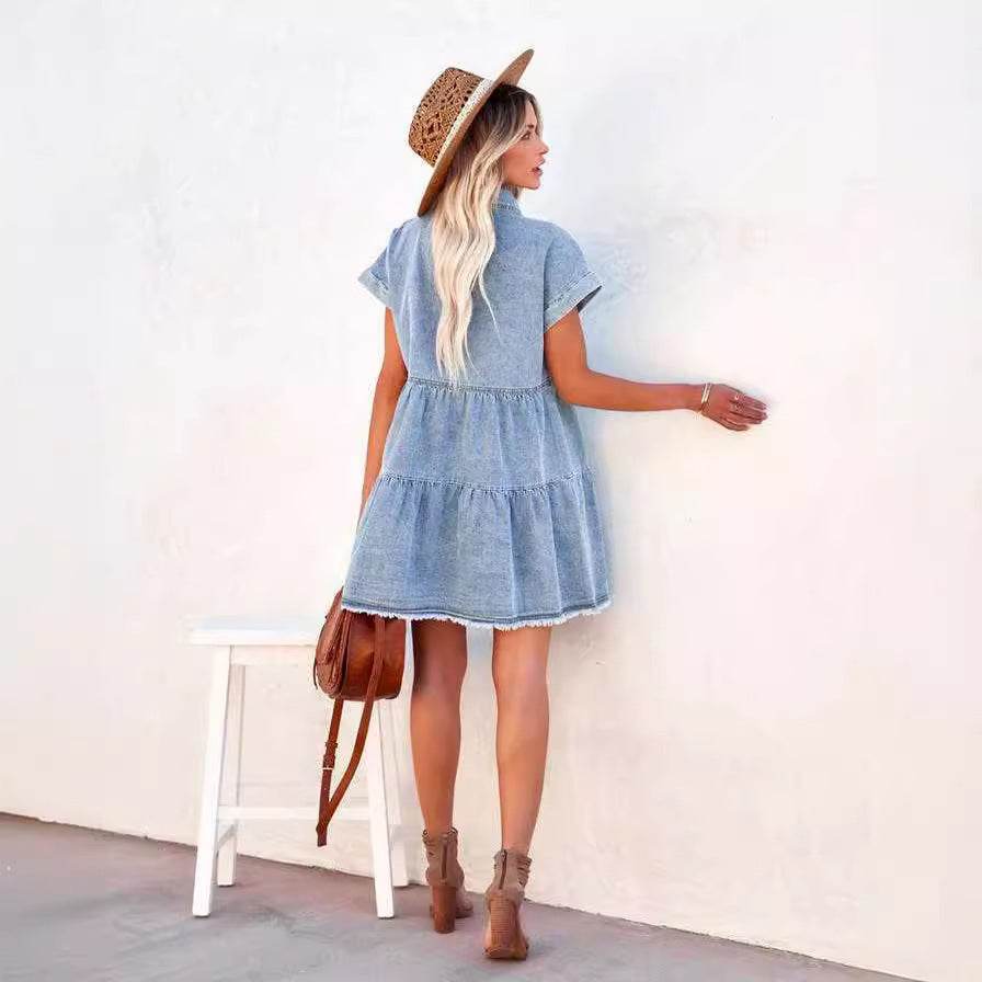 Casual Fashion Denim Short Sleeve loose mini Dress - EX-STOCK Canada