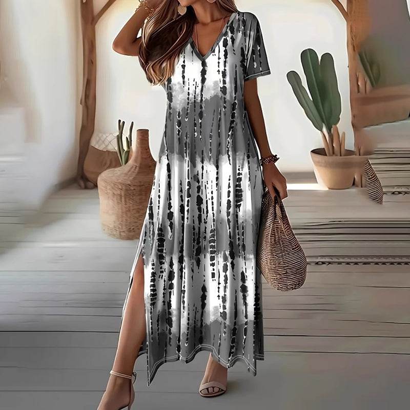 Women's Summer Tie Dye Maxi Dress Short Sleeve V Neck Casual Loose Long Split Dresses - EX-STOCK Canada