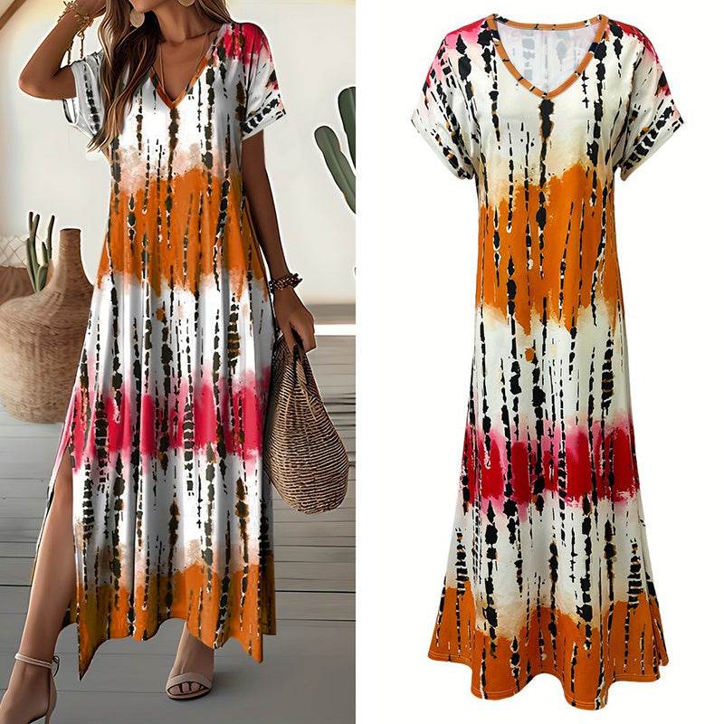 Women's Summer Tie Dye Maxi Dress Short Sleeve V Neck Casual Loose Long Split Dresses - EX-STOCK Canada