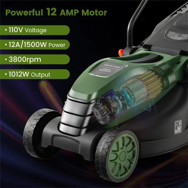 12 Ampere 13.5 Inch Electric Rope Lawn Mower With Dual Safety Switches -Green EX-STOCK Canada