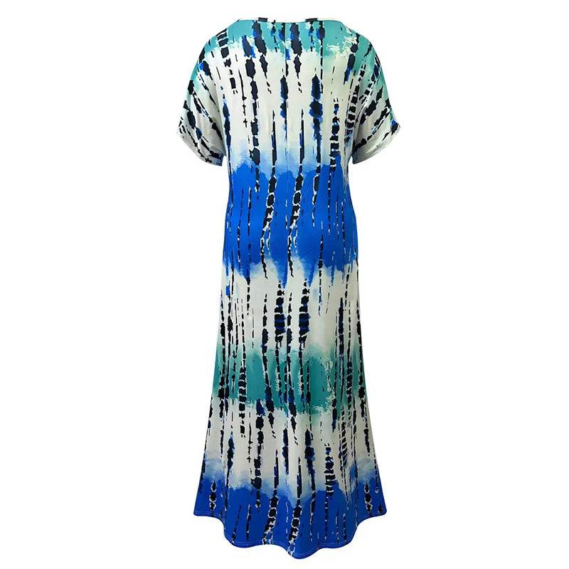 Women's Summer Tie Dye Maxi Dress Short Sleeve V Neck Casual Loose Long Split Dresses - EX-STOCK Canada