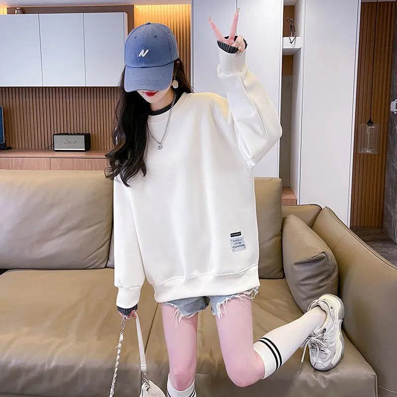 Women Round-neck With Fleece Lining Thick Fake Two Pieces Long Sleeve Loose Hoodie Sweatshirt - EX-STOCK Canada