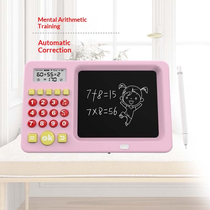 Pink educational device with calculator and blackboard on a white surface