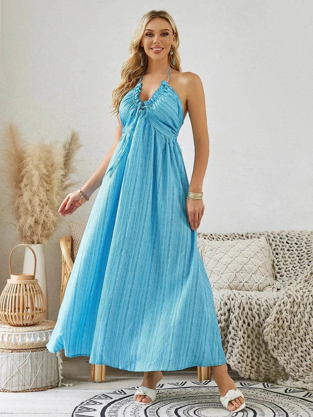 Bohemian Halter Maxi Dress - Women's Summer Sleeveless Flowy Beach Dress - EX-STOCK Canada