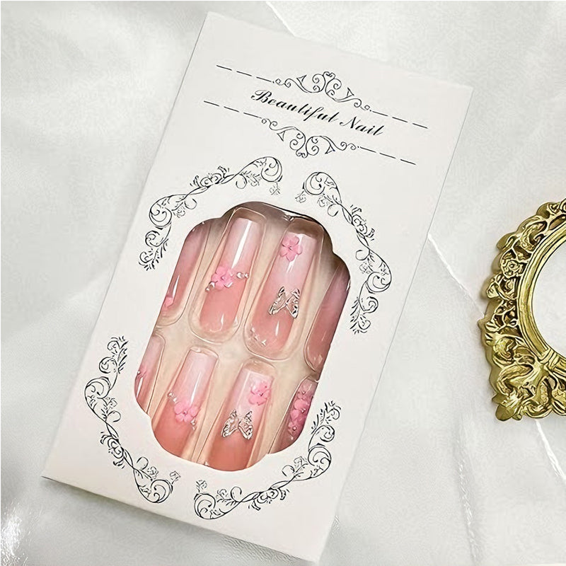 24 PCS Flower Diamond Butterfly Nail Art, Long Length Long Water Pipe Fake Nails,Square Head Nail Tips False Nail EX-STOCK Canada