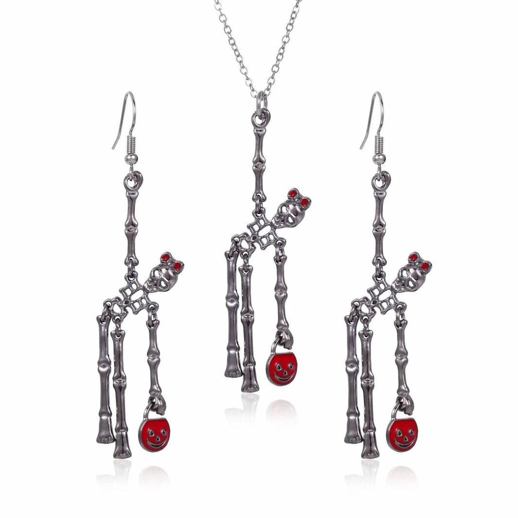 Juego de 3 piezas de aretes y collar de esqueleto de Halloween, accesorios de joyería creativos con personalidad retro - EX-STOCK Canada
