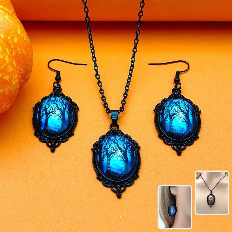 Juego de collar con 3 piezas de árbol de la vida vintage de Halloween y bruja con pendientes, joyería de aleación con colgante - EX-STOCK Canada