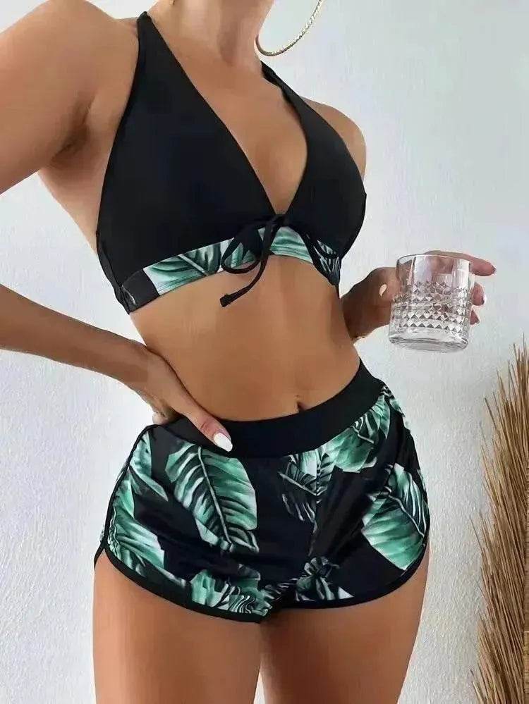 3pcs Leaf Print Bikini With Shorts Fashion Summer Beach Swimsuit Womens Clothing - EX-STOCK Canada