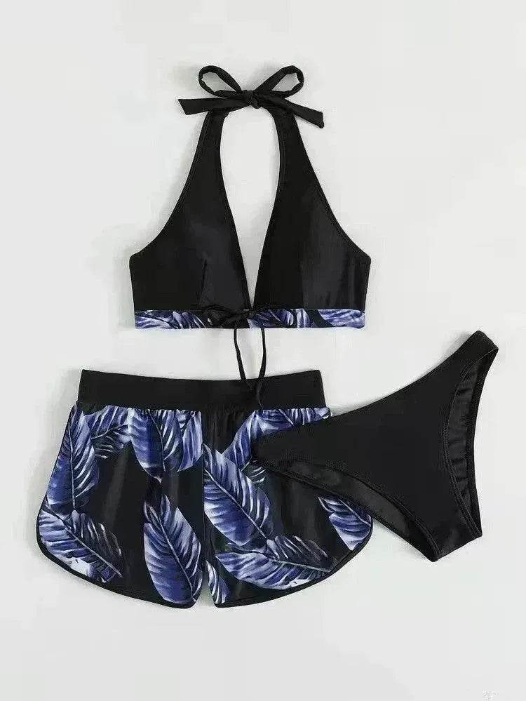 3pcs Leaf Print Bikini With Shorts Fashion Summer Beach Swimsuit Womens Clothing - EX-STOCK Canada
