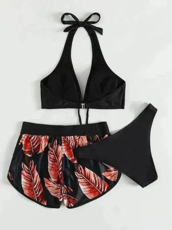 3pcs Leaf Print Bikini With Shorts Fashion Summer Beach Swimsuit Womens Clothing - EX-STOCK Canada