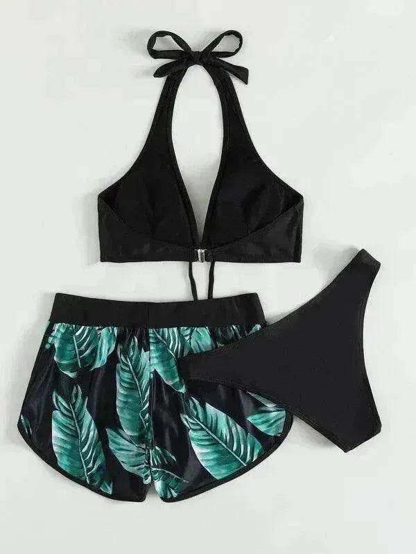 3pcs Leaf Print Bikini With Shorts Fashion Summer Beach Swimsuit Womens Clothing - EX-STOCK Canada