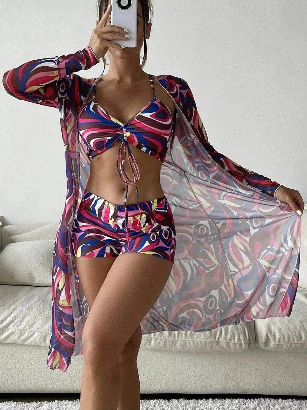 3pcs Pring Bikini With Long Sleeve Cardigan Fashion Summer Beach Swimsuit Women - EX-STOCK Canada