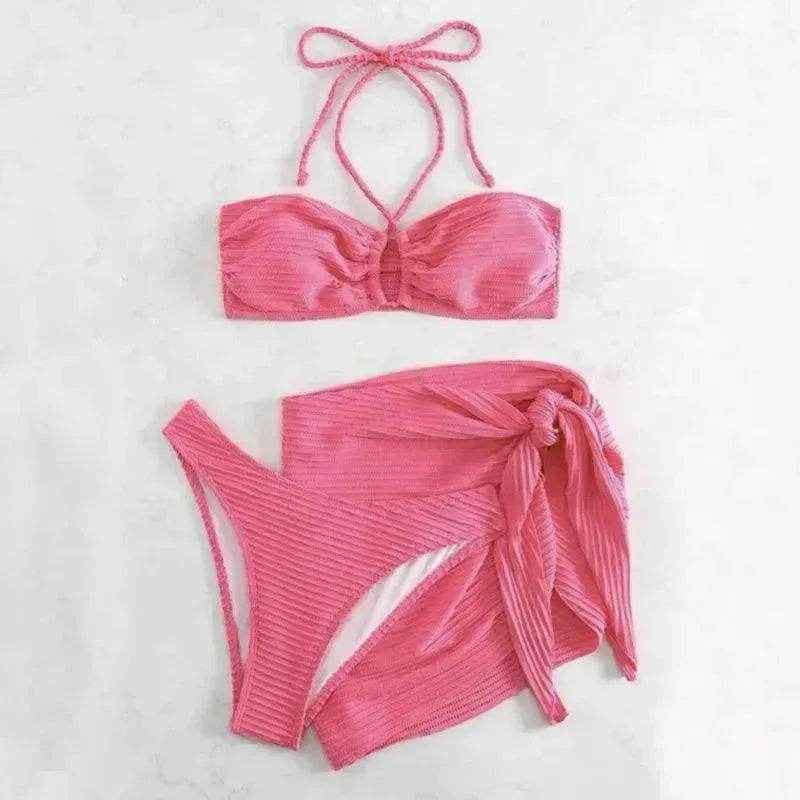 3pcs Solid Color Stripe Swimsuit Charming Summer Beach Bikini Set Womens Clothing - EX-STOCK Canada