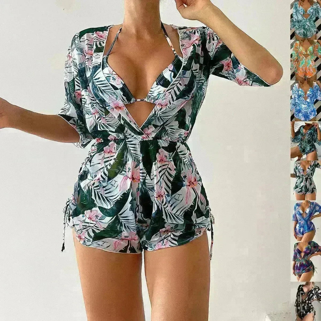 3pcs V-neck Swimsuit Suits Summer Leaf Print Waist-tie Bikini Fashion Long-sleeved Beach Sun-protection Clothing Womens - EX-STOCK CANADA