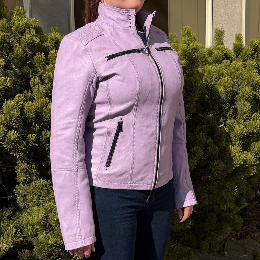 Women's Classic Lamb Leather Jacket. Round Collar with Studs, 4 Zippered Pockets & Shoulder Accent Stitching