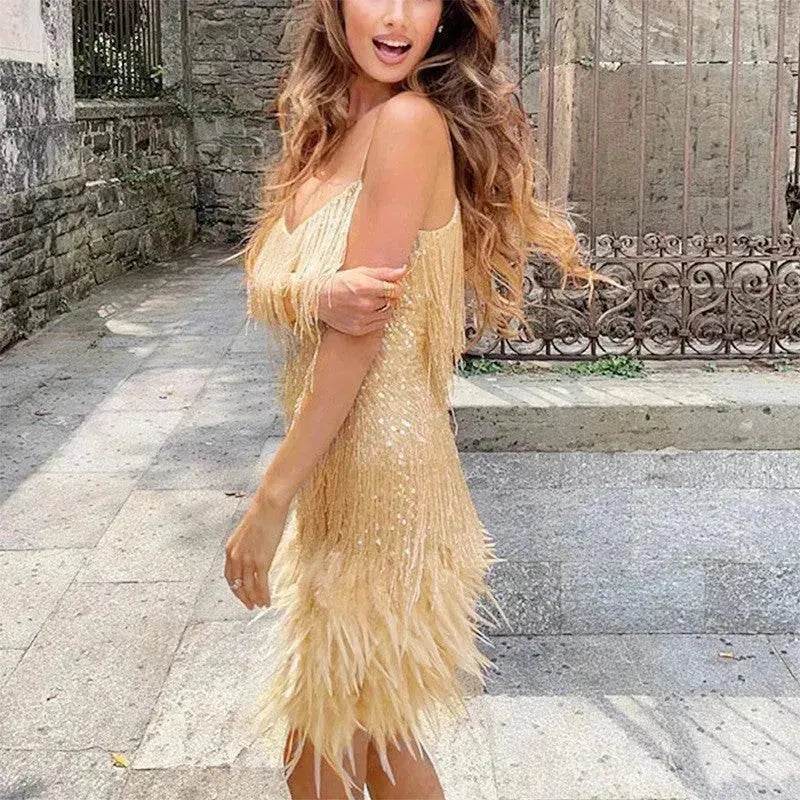 Elegant Chic Spaghetti Strap Luxury Tassel Sequins Feather Women’s Mini Dress for Evening Party, Cocktail Wedding Guest. - EX-STOCK Canada
