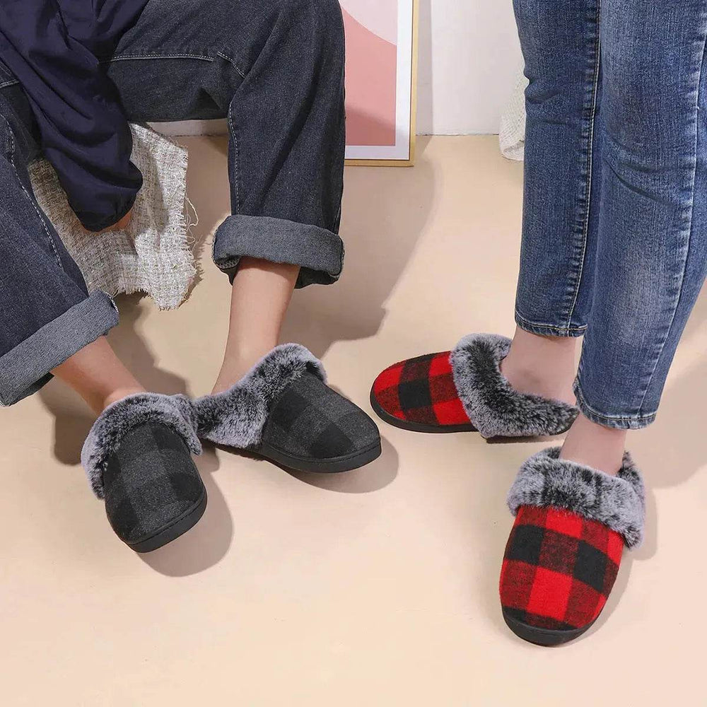 Winter Warm Plaid Plush Slippers Home Indoor Non-slip Bedroom Floor Soft Fuzzy Slipper For Couple Fashion Solid House Shoes - EX-STOCK Canada