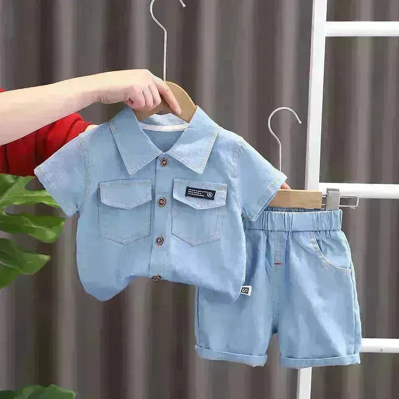 Abito a manica corta a manicotto abbigliamento per bambini abbigliamento casual per ragazzi in denim due pezzi per ragazzi