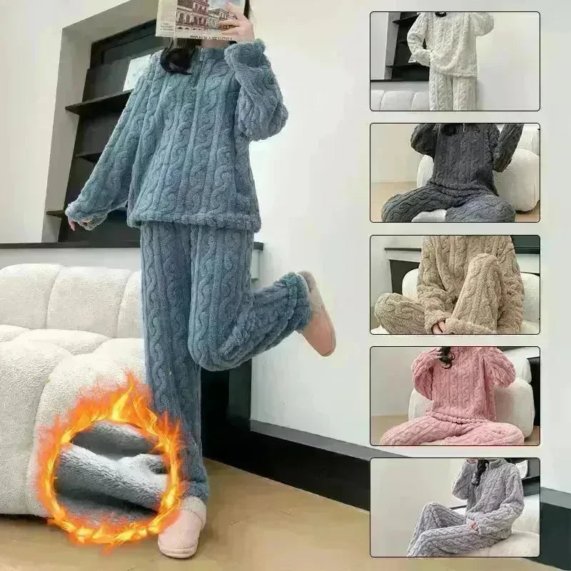 Autumn And Winter New Twist Zipper Couple Fleece-lined Thick Coral Fleece Pajamas Homewear Loungewear Sleepwear For Sleeping - EX-STOCK CANADA