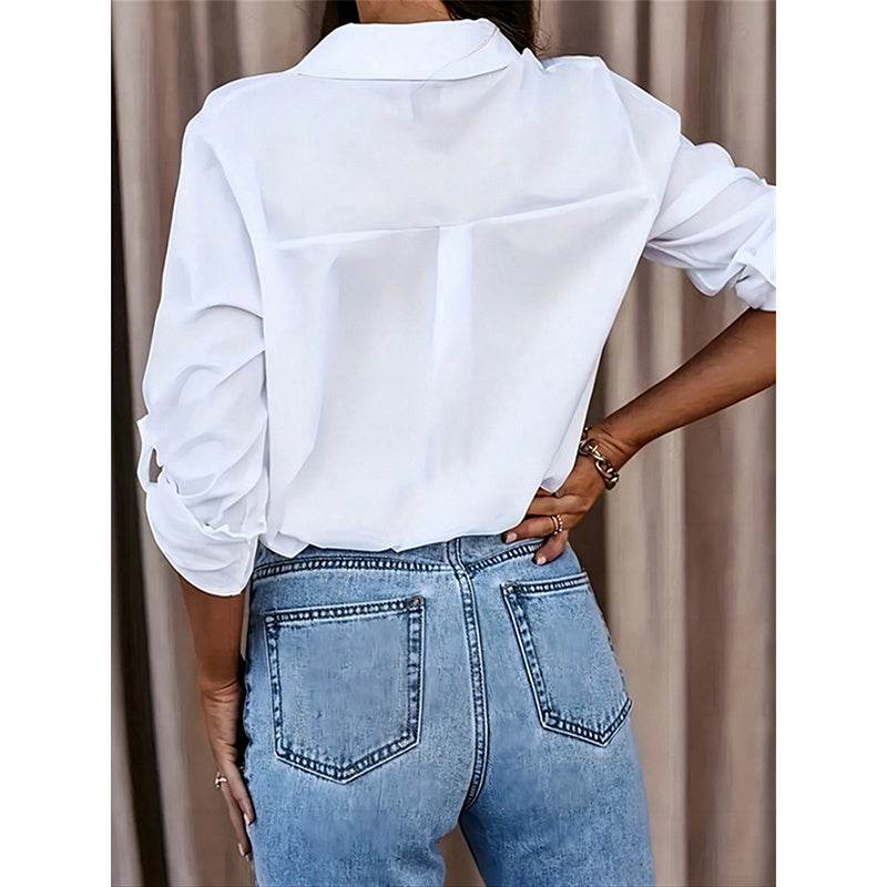 Women's Casual Long Sleeve Button-Down Shirt With Roll-Up Sleeves, Stylish Mid-Length Blouse For Everyday Wear - EX-STOCK Canada