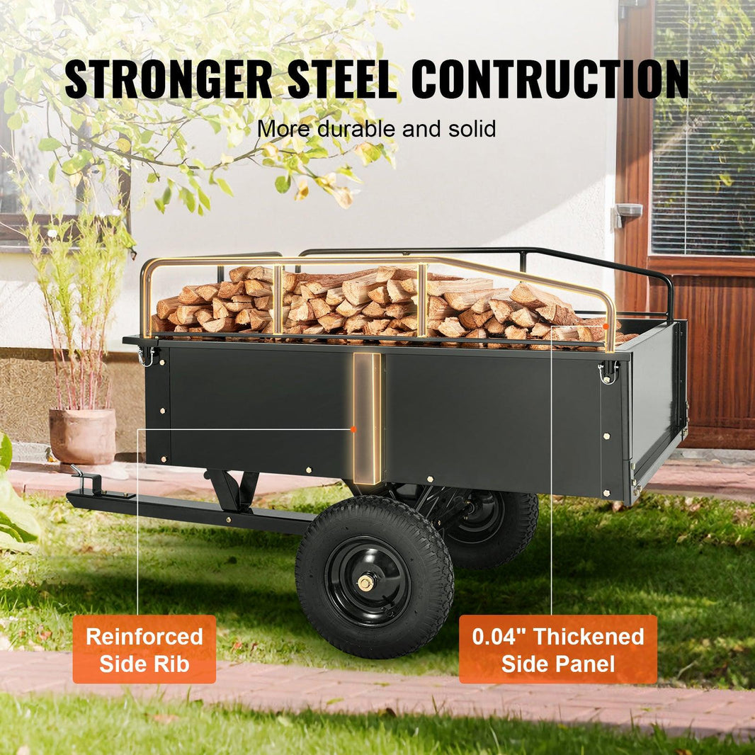 Remorque à benne en acier VEVOR pour VTT, 750 livres 15 pieds cubes, remorque utilitaire de jardin avec côtés amovibles pour tracteur tondeuse autoportéeEX-STOCK Canada