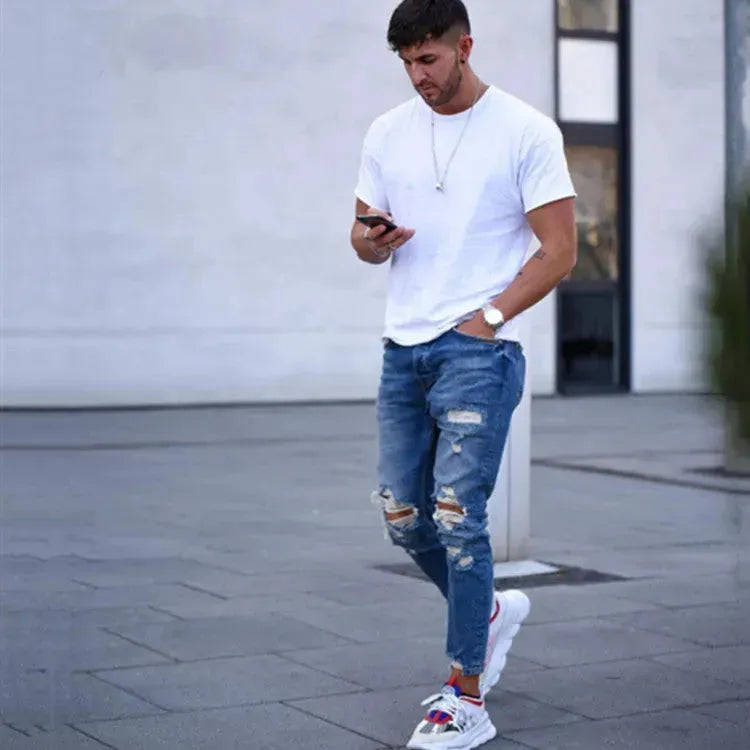 Men Fashion Ripped Hole Denim jeans pant trouser
