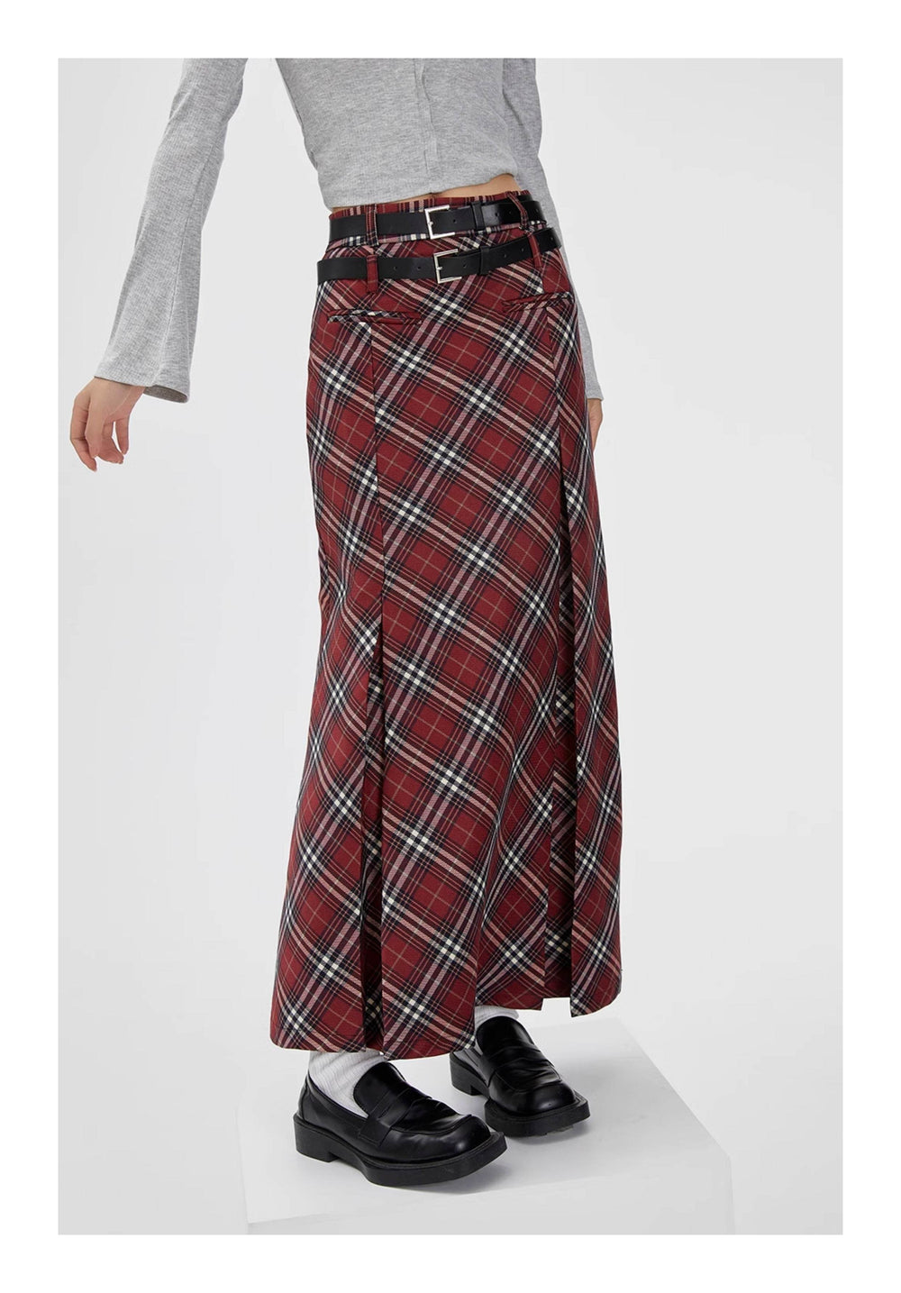 Retro Plaid High Waist student maxi Skirt - EX-STOCK Canada