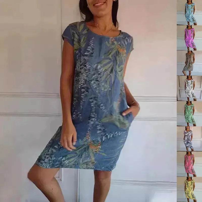 Casual Floral Printed Straight Dress Summer Loose Round Neck Short White 906 / 4xl