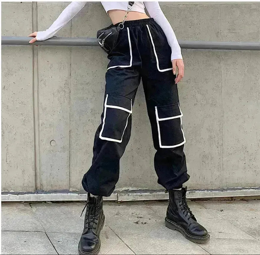 Pantalon de cargaison de bande blanche pantalon féminin poches patchwork Couleur de contraste pantalon haute taille pantalon hip hop capris