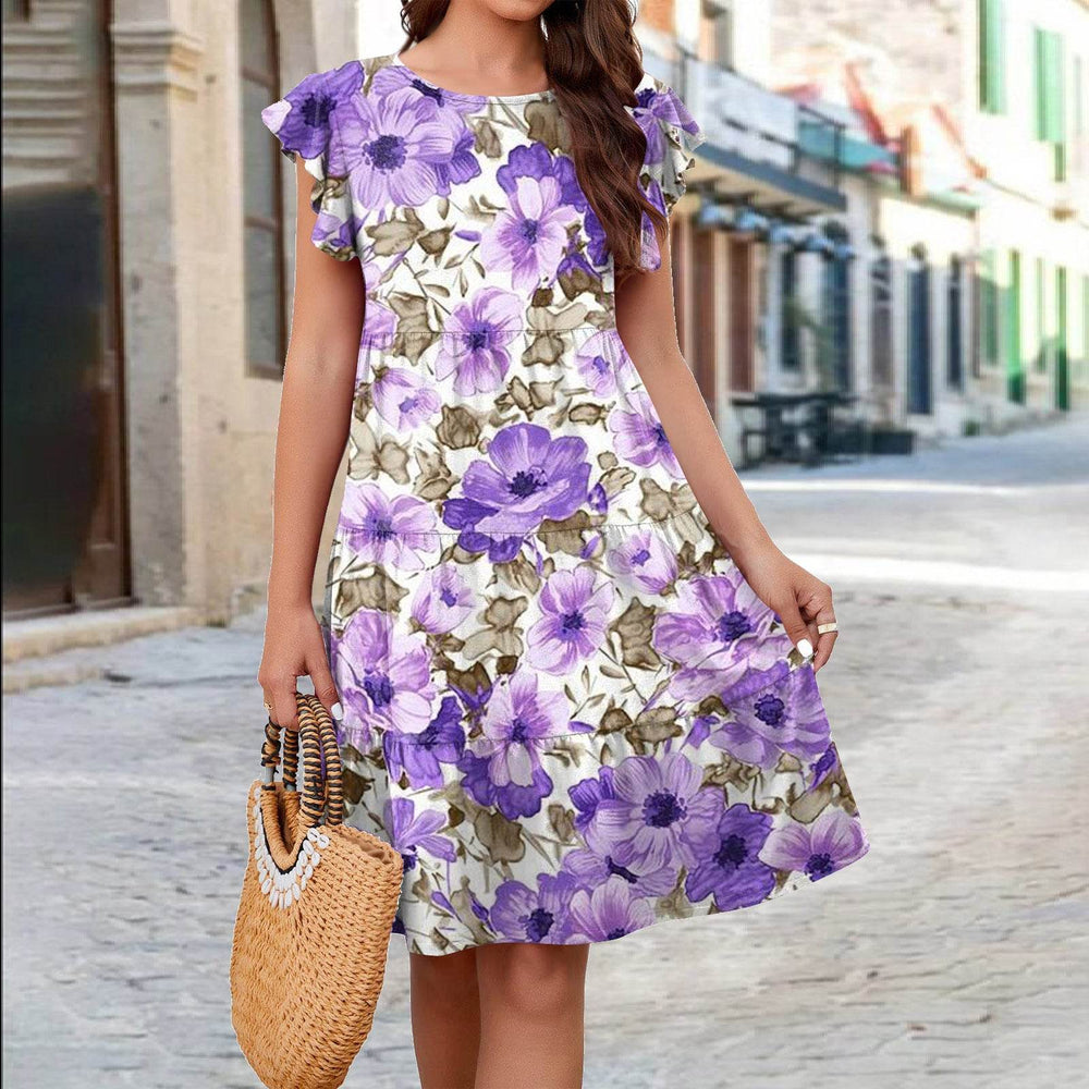 Ruffle Sleeve Dress Summer Loose Flower Print Beach Dresses Sweet Skirt Women - EX-STOCK Canada