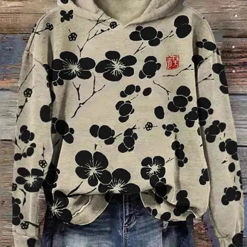 Fashion Fashion Spring and Automne Plum Blossom Hooded Super Plus Taille Ajustement décontracté Pilatrice