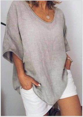 Spring Summer Loose Short Sleeves cotton linen blouse top Women Summer Tops - EX-STOCK Canada