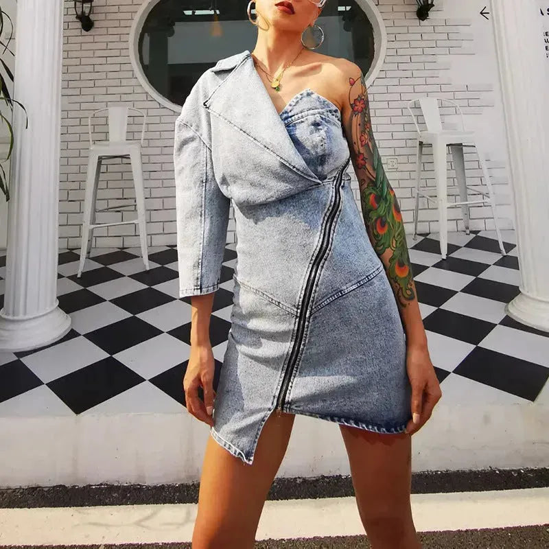 Street Fashion One shoulder Denim Mini Jeans hip dress - EX-STOCK CANADA