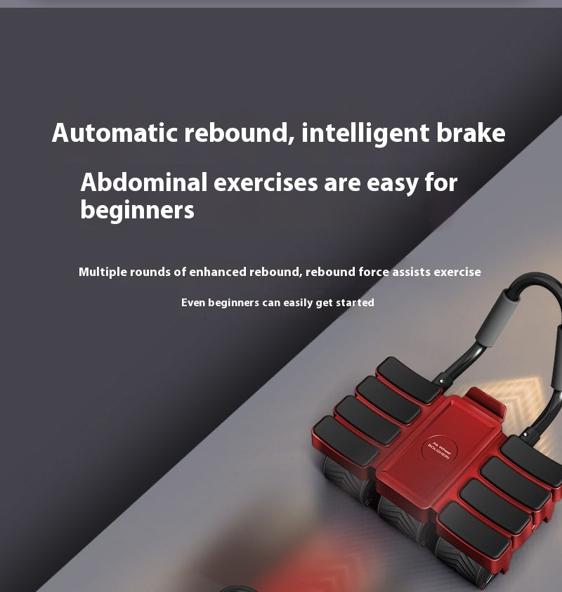 Red and black abdominal exercise pad with multiple black textured pads, shown on a gray surface with promotional text about automatic rebound and abdominal exercises for beginners.