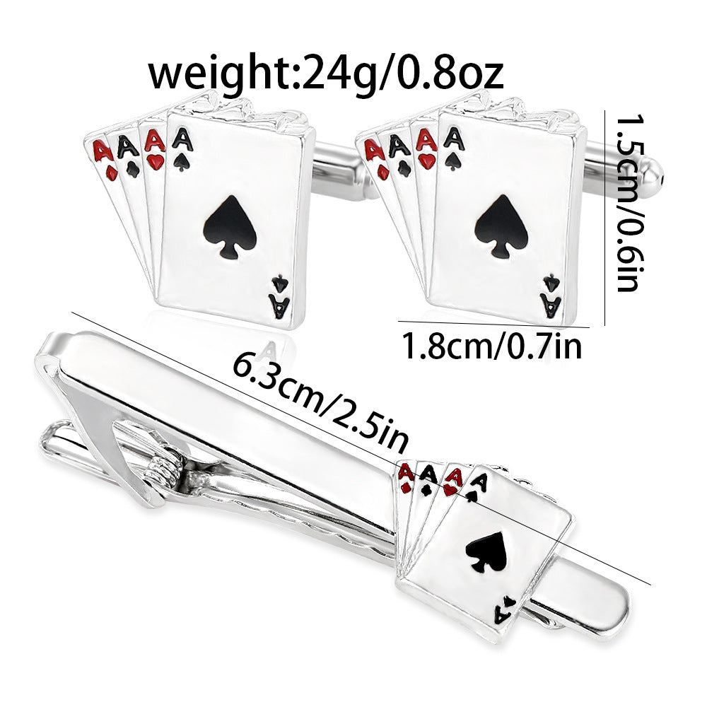 Cufflinks and tie clip with playing card design on a white background