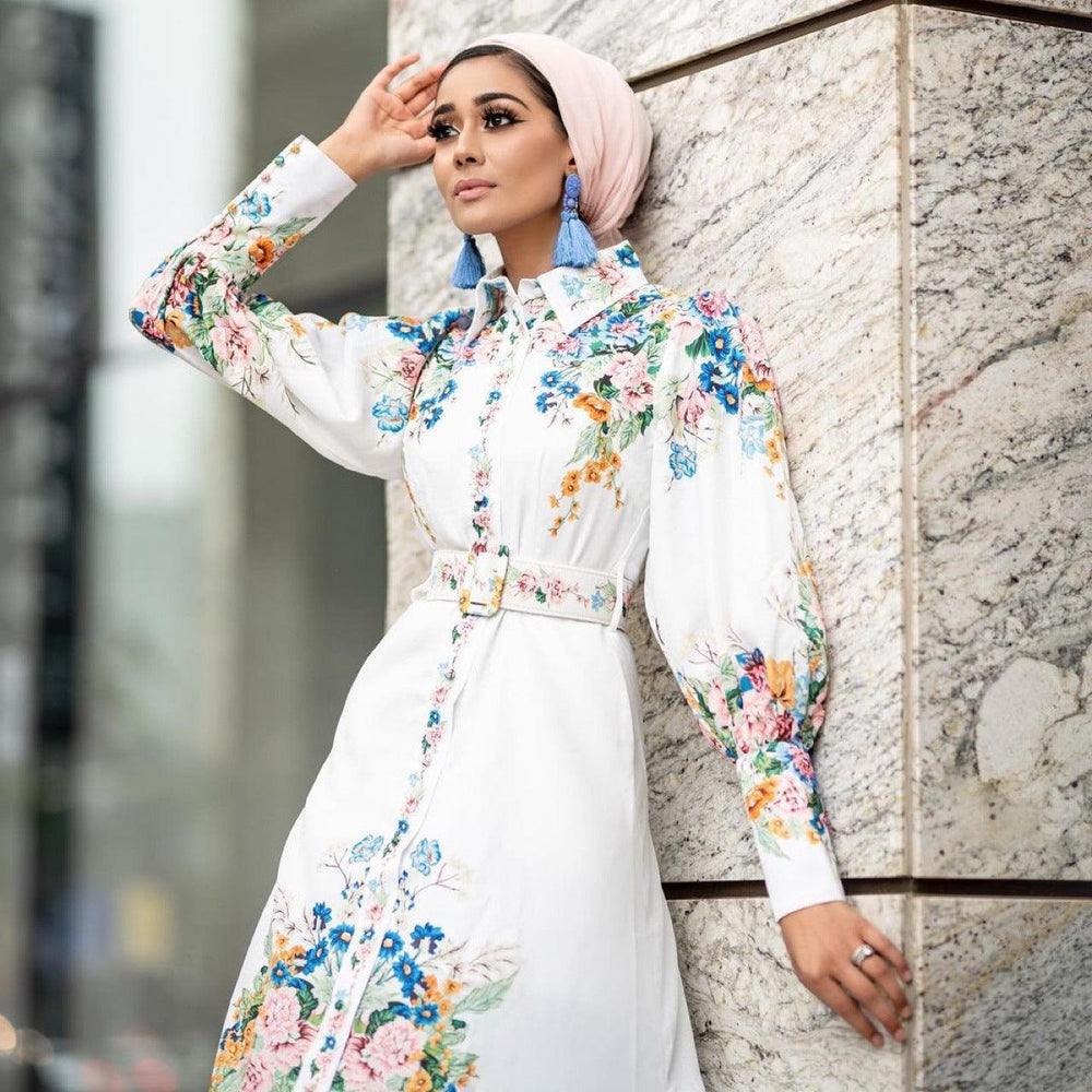 Mode Puffärmel Reversrobe Arabisches Damenkleid mit digitalem Druck, mittlerer Taille, lang EX-STOCK Canada