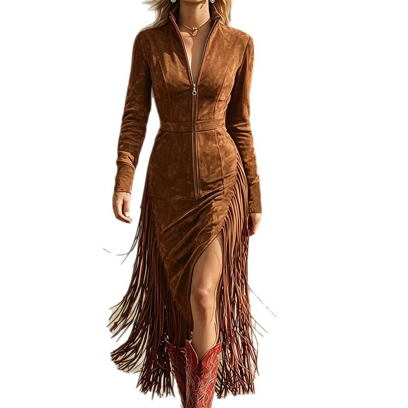 Women's Zip-Front Western Fringe Dress – Red, Black & Brown | S–3XL