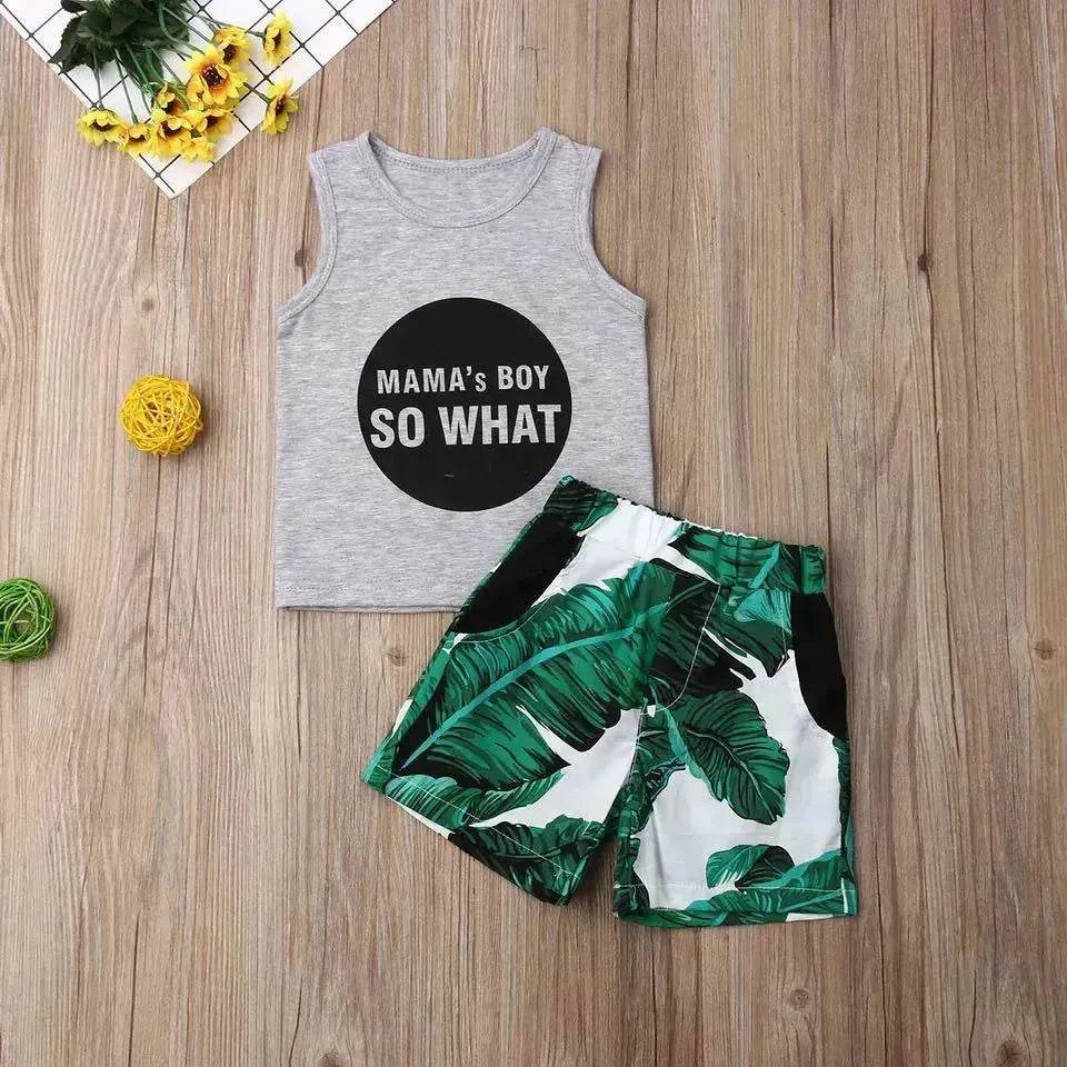 Gray Letters Vest Green Leaf Shorts Suit Casual two piece for boys - EX-STOCK Canada