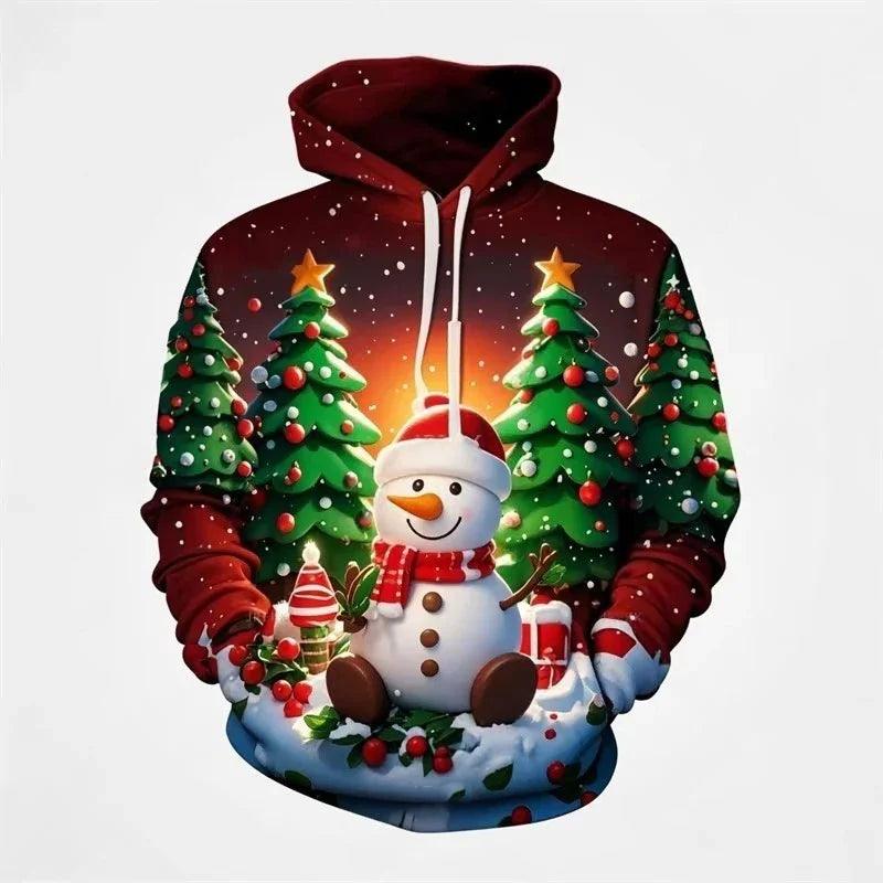 Felpa con cappuccio casual con stampa 3D di pupazzo di neve e albero di NataleEX-STOCK Canada