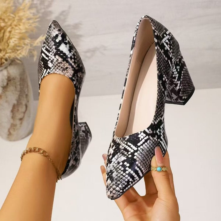 Women's Snake Print Pointed Toe Block Heel Pumps 2026 Spring Summer Elegant High Heels Versatile Office Party Shoes