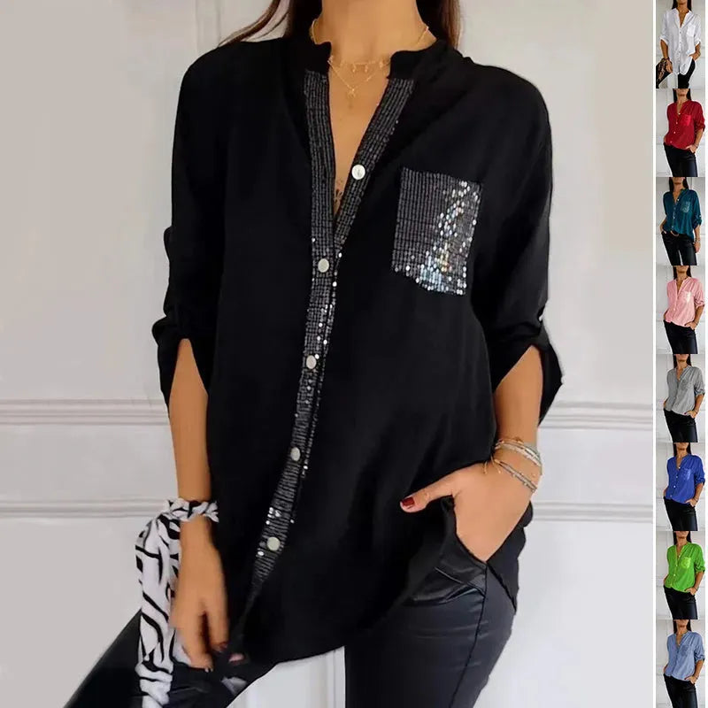 Casual Button-down Long Sleeve Shirt With Sequin Pocket Design Fashion Commuter Top Women Clothing - EX-STOCK CANADA