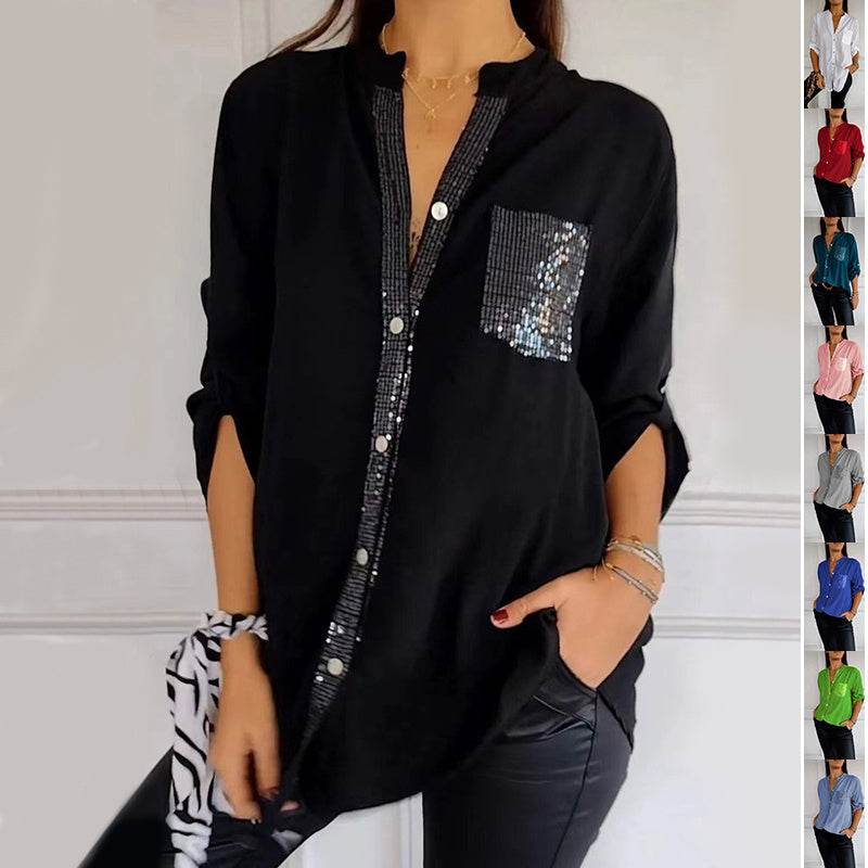 Casual Button-down Long Sleeve Shirt With Sequin Pocket Design Fashion Commuter Top Women Clothing - EX-STOCK Canada