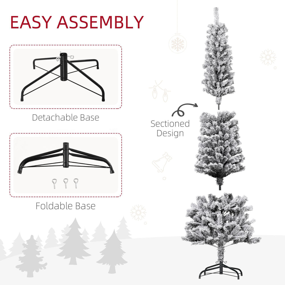 6ft Flocked Christmas Tree, Pencil Christmas Tree With Realistic Branch Tips, Folding Metal Stand, Black EX-STOCK Canada