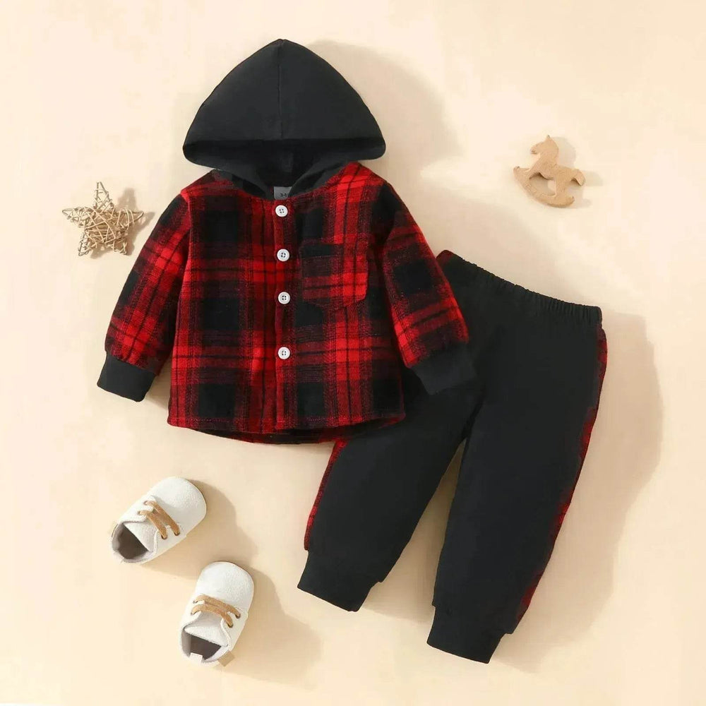 Toddler Baby Boy Classic Plaid Hooded Long Sleeve Shirt Contrast Color Trousers Suit Two piece for boys - EX-STOCK Canada