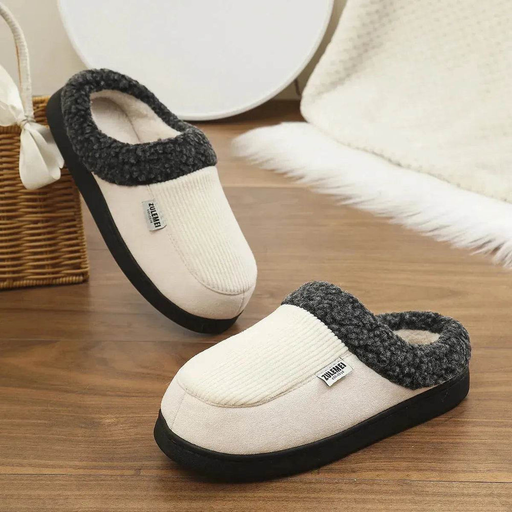 Fashion Solid Striped Cotton Slippers Winter Warm Indoor Bedroom Floor Slipper For Couples Non-slip Thick Sole House Shoes - EX-STOCK Canada