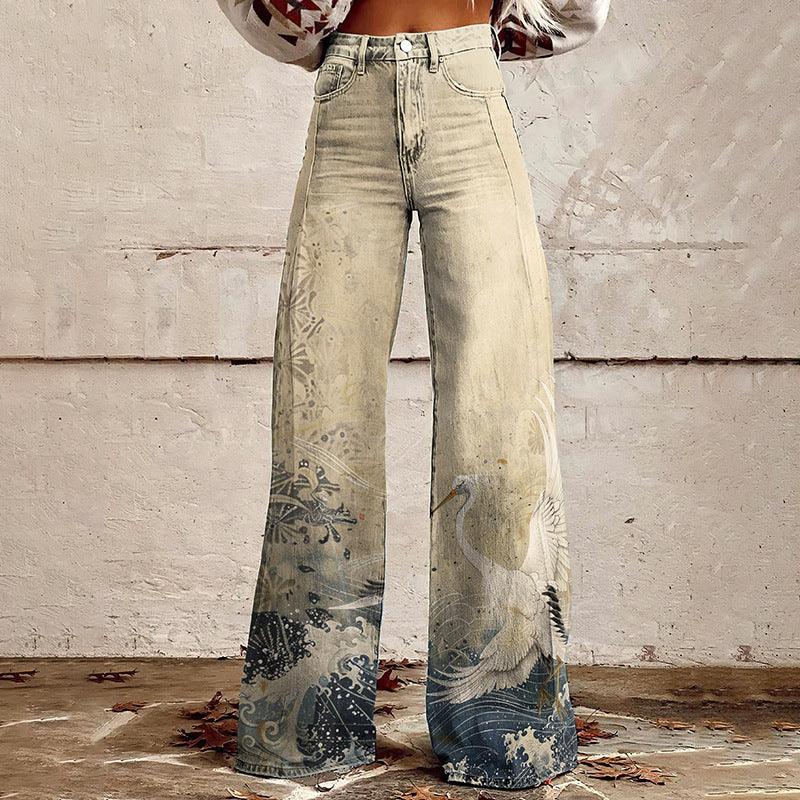 Pantalones de mezclilla con simulación de cuerno, sueltos para mujer